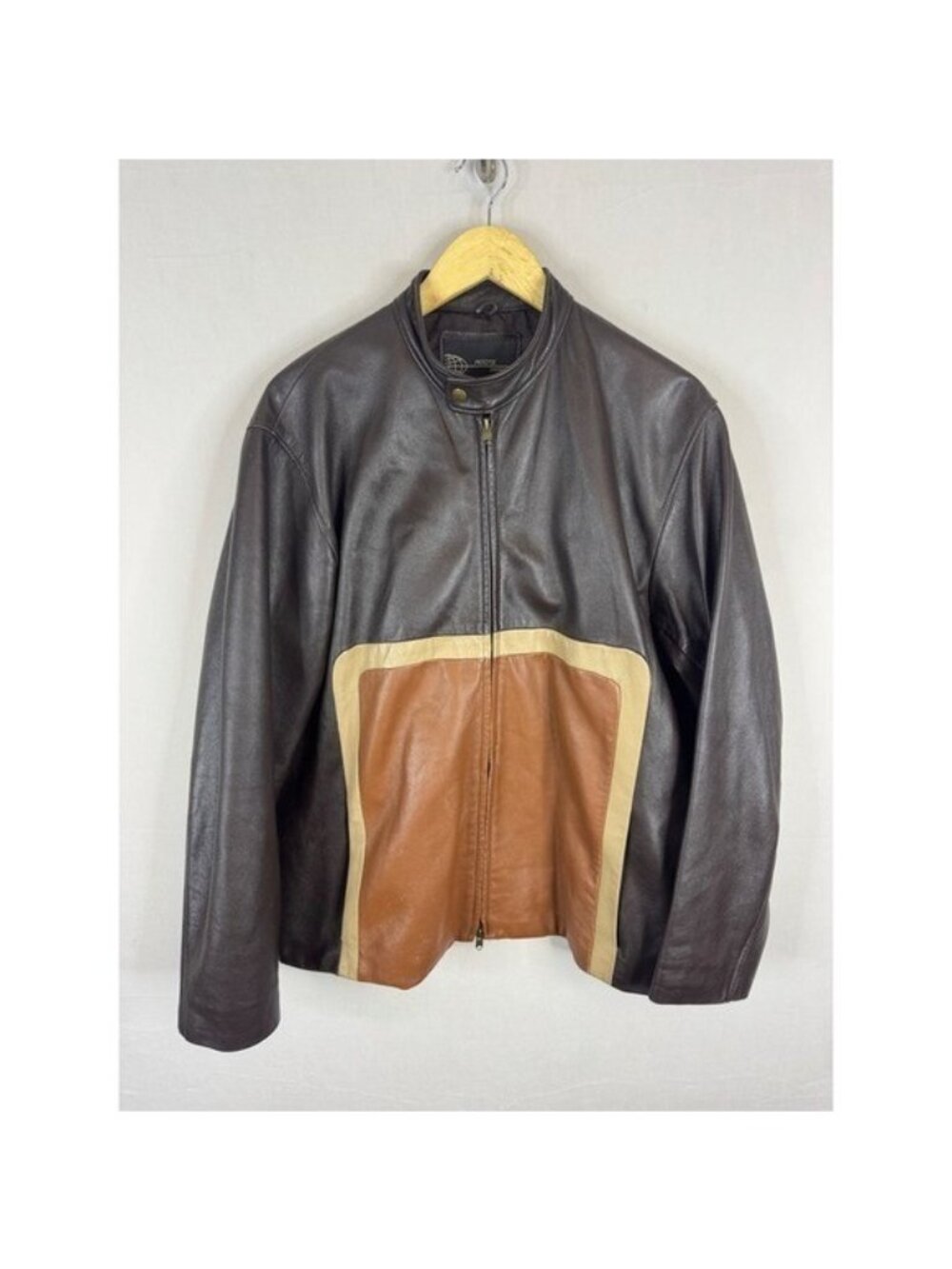 Roots Passport Mens Brown Colorblock Leather Cafe Racer Jacket Made in Canada L